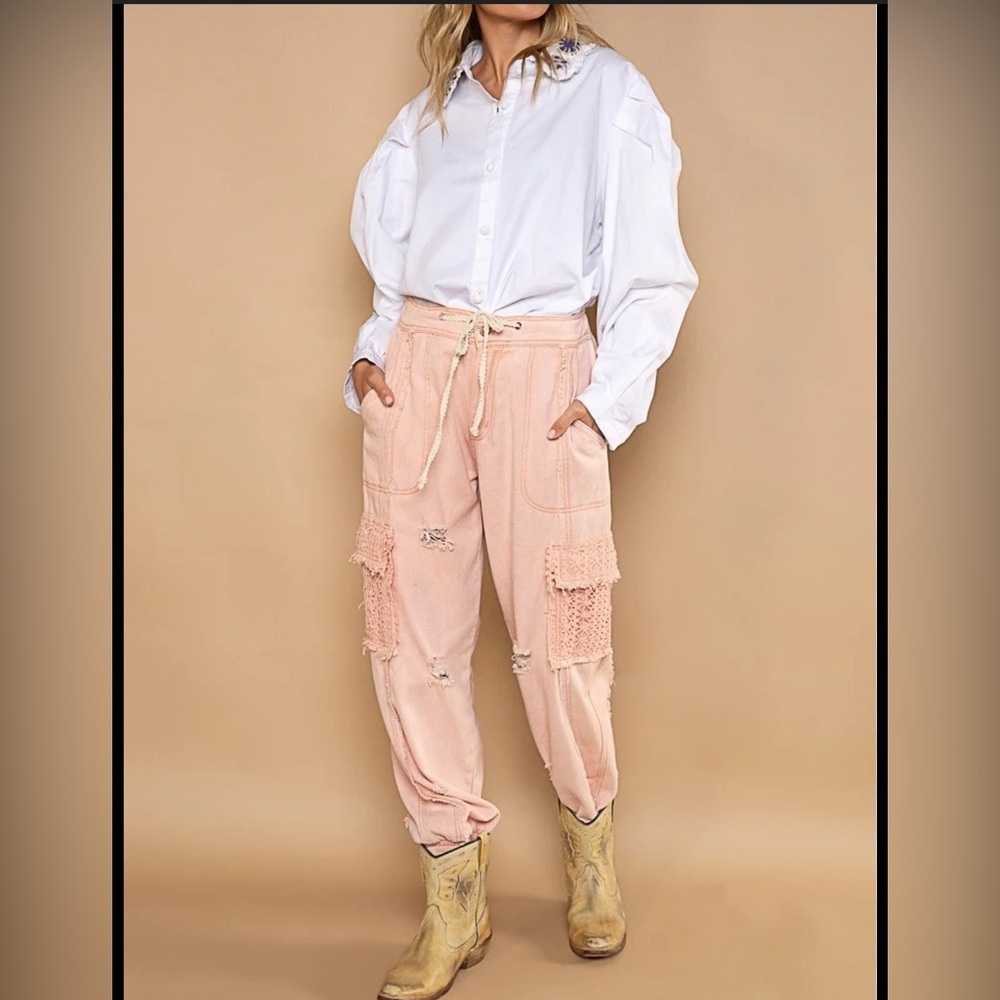 POL Distressed Cargo Denim Jogger with Crochet Pockets